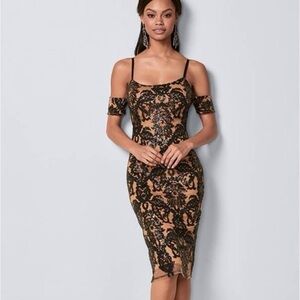 Black Sequin Mesh Midi Cold Shoulder Dress Nude Lining Small